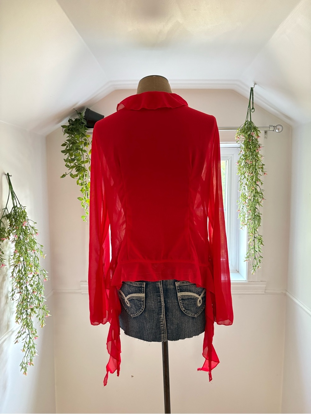 Red Ruffle Tie-Front Sheer Blouse - Women Tops - Picture 3 of 3